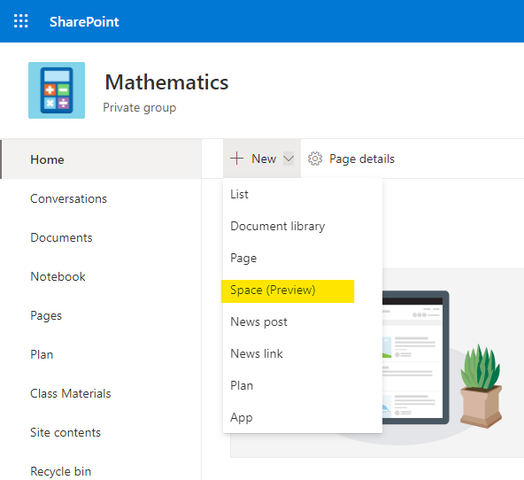 Create new SharePoint Space